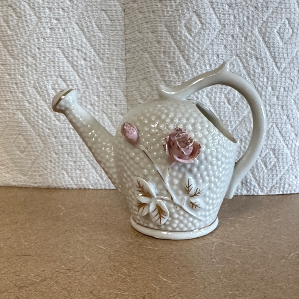 Thames 
Elegant White Ceramic Watering Can with Pink Floral Design